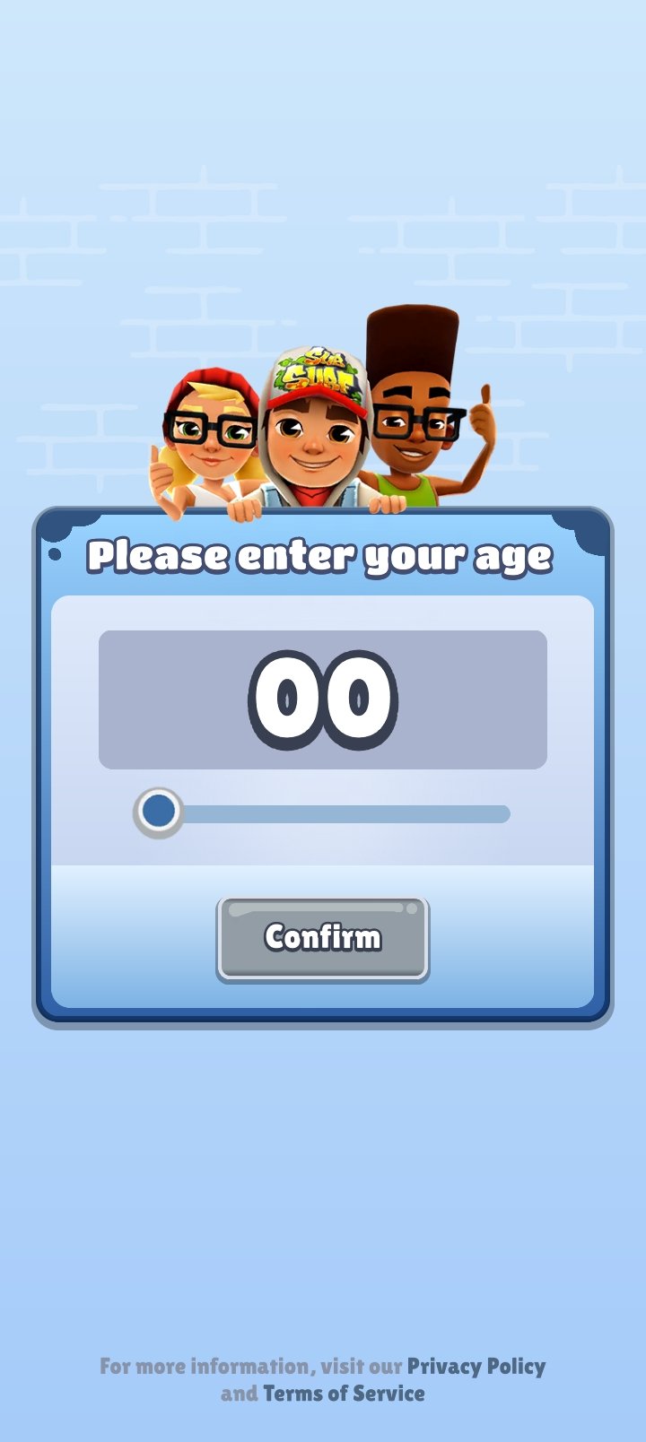 Subway Surfers first-launch age selection screen after Android installation