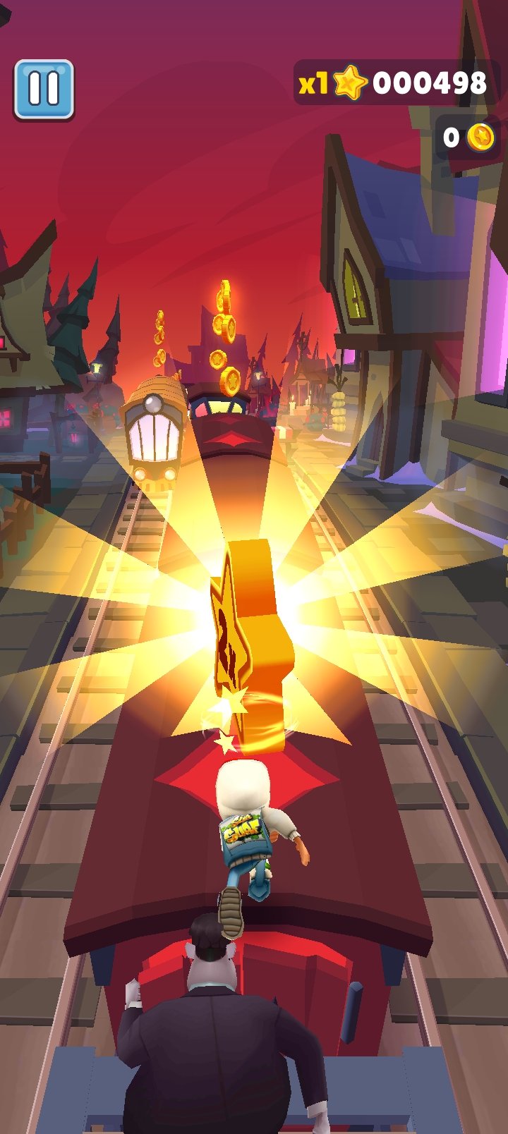 Subway Surfers runner collecting an item during a high-score run on train roofs