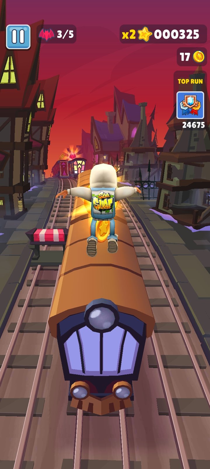 Subway Surfers runner jumping over a train while timing an obstacle