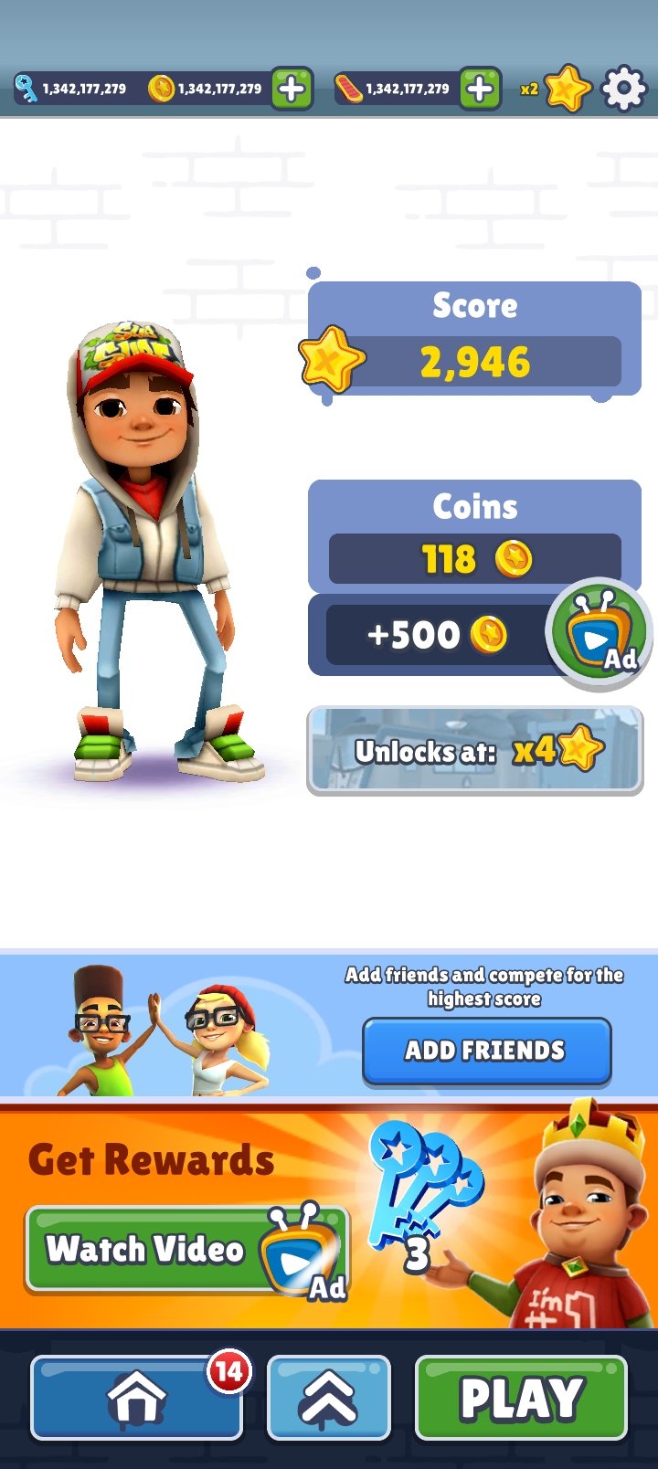 Subway Surfers score and coins results screen after a completed run