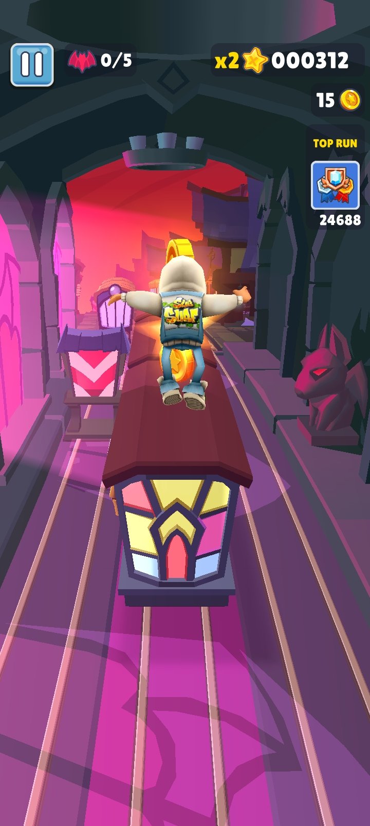 Subway Surfers Super Sneakers power-up active during a train run
